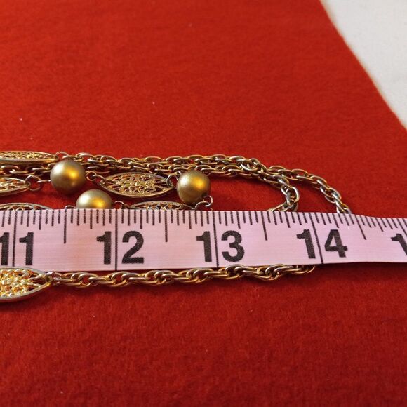 Gold Tone Three Strand Beaded and Oval Disc Necklace Granny Chic - Picture 3 of 5